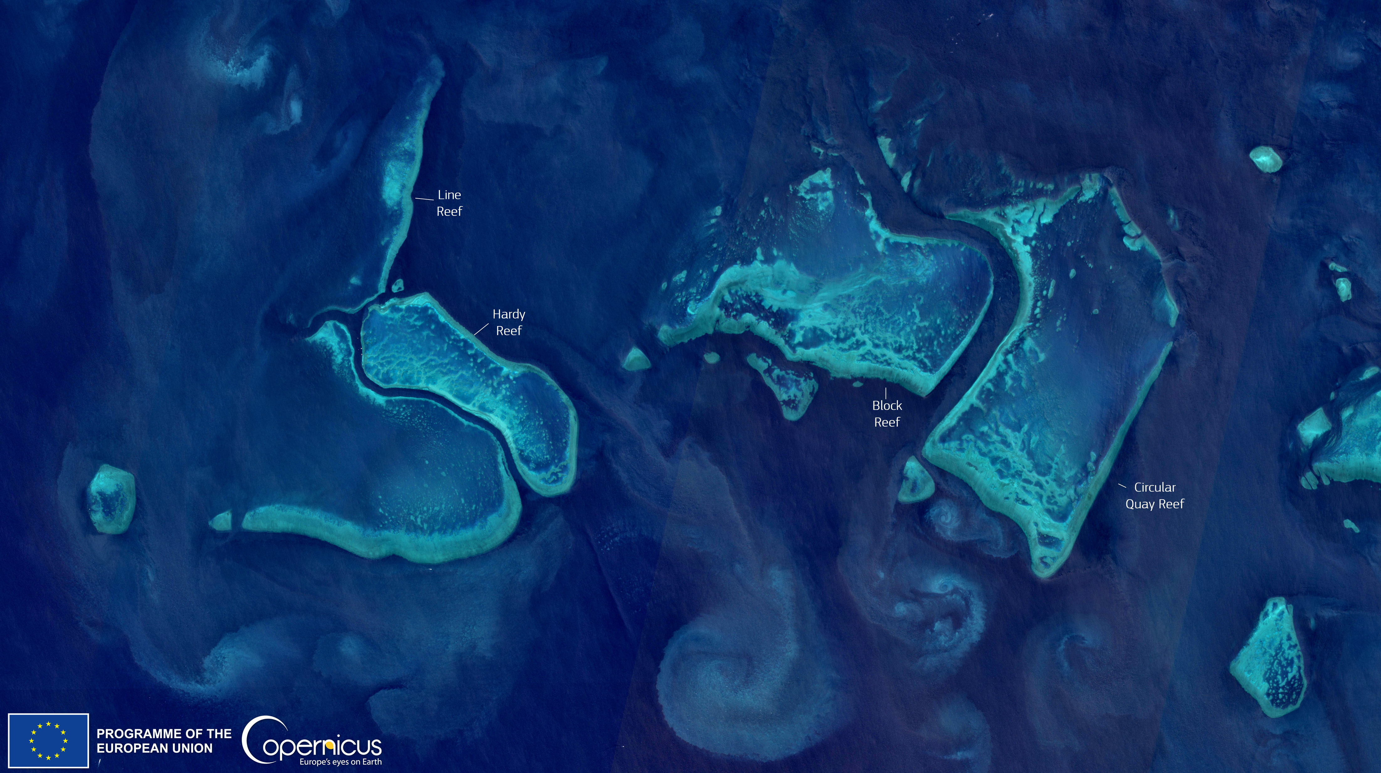 Reefs off the Whitsunday Islands, one of the regions most affected by a new coral bleaching event in the Great Barrier Reef, Queensland, Australia