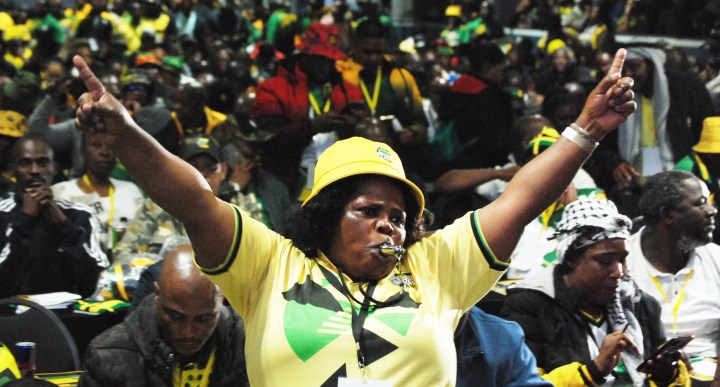 An ANC member celebrates at the KwaZulu-Natal conference ahead of the ANC policy conference
