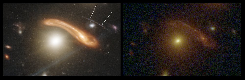 A comparison of Webb (left) and Hubble (right) in their view of the same region. This is a zoomed-in area of the Webb deep field. Adapted from images by NASA, ESA, CSA, and STScI.