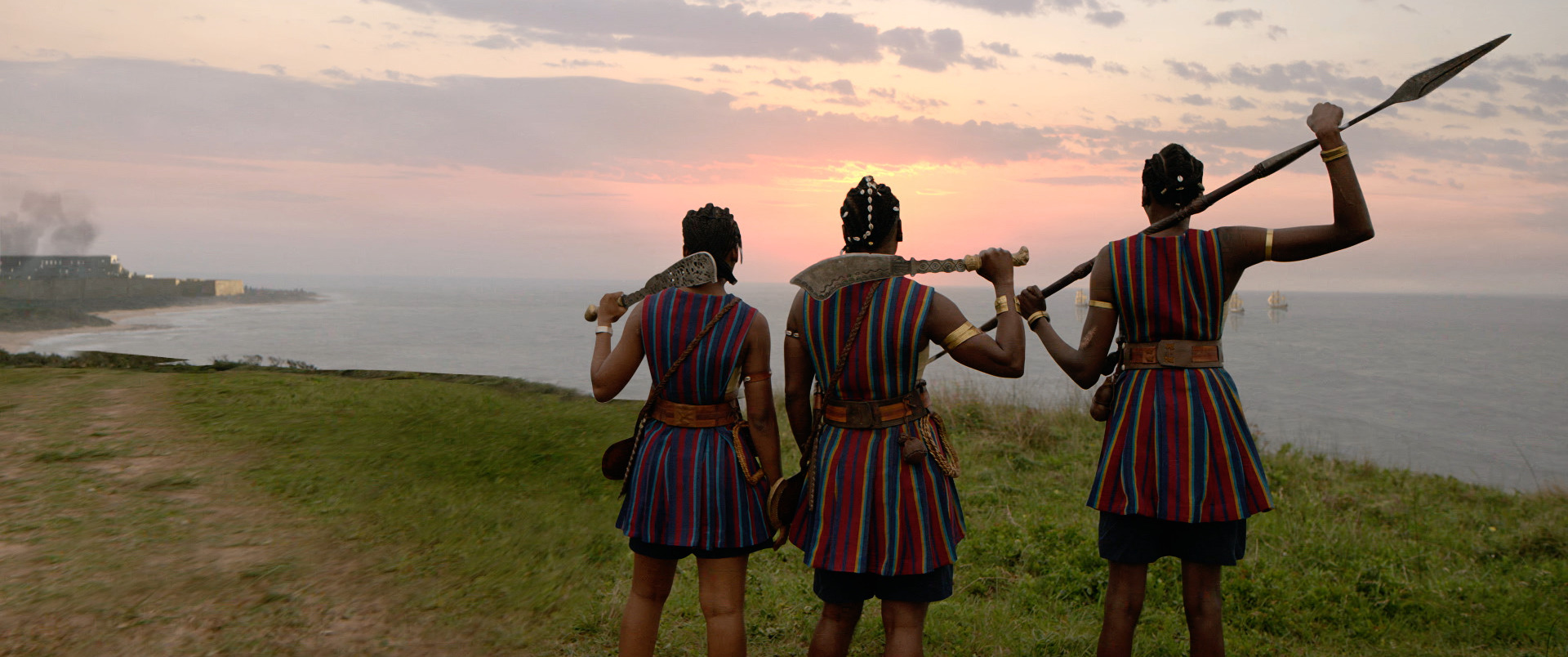 (L to R) Thuso Mbedu, Viola Davis and Shelia Atim star in 'The Woman King'. Image: Supplied