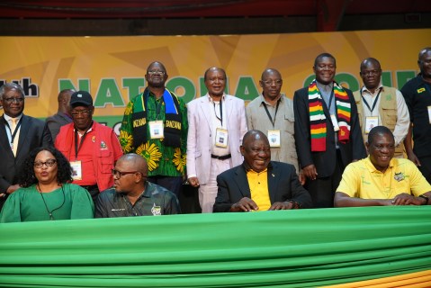 Members of the ANC top 7 on stage at the ANC's 55th national conference at Nasrec in Johannesburg, South Africa on 20 December 2022. Photo: Emilie Gambade