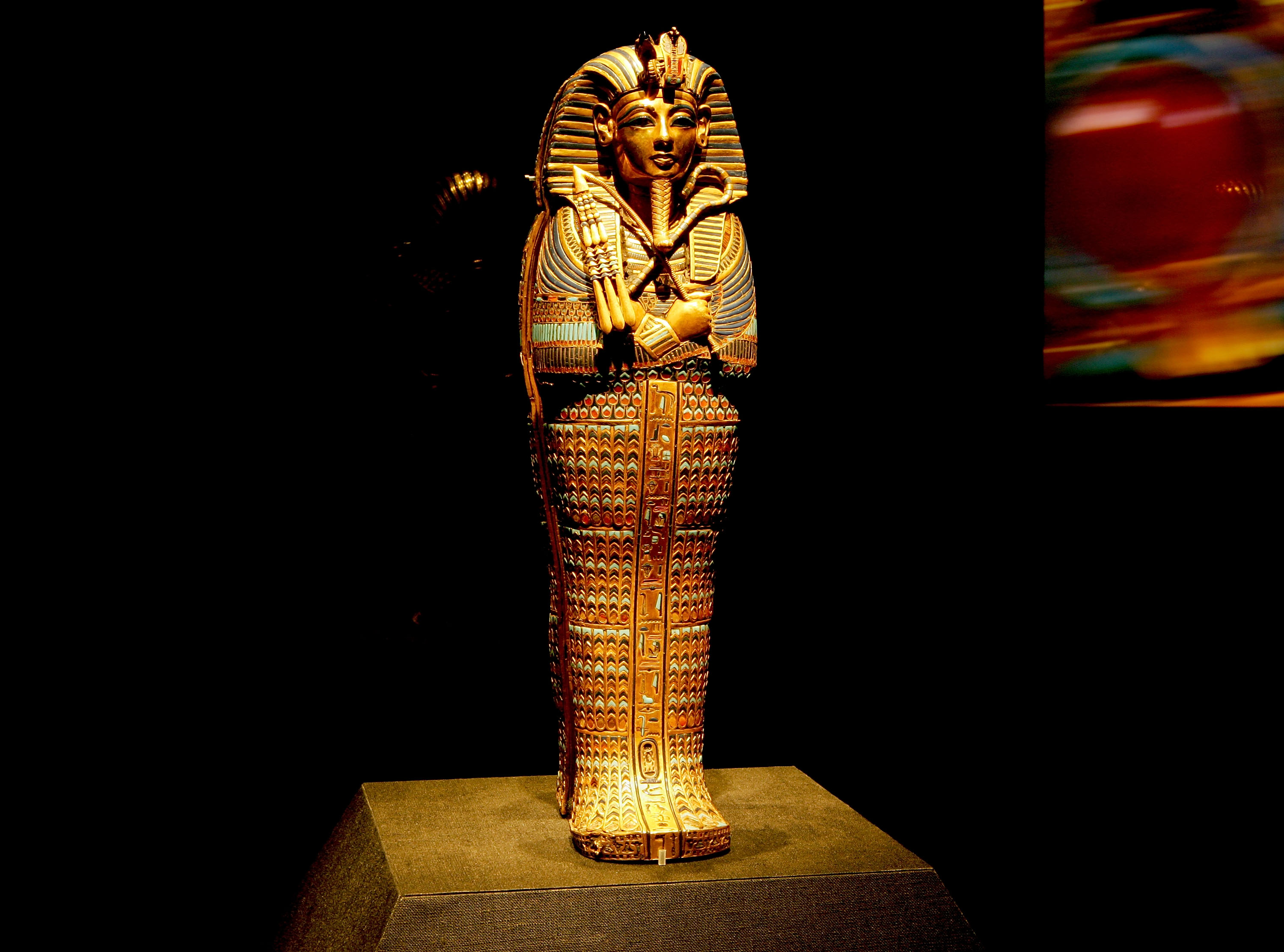 LOS ANGELES, CA - JUNE 15: The Viscera Coffin of Tutankhamun is on display during the "Tutankhamun And The Golden Age Of The Pharaohs" exhibit opening at the Los Angeles County Museum of Art (LACMA) on June 15, 2005 in Los Angeles, California. Tutankhamun possessed four miniature coffins fashioned of gold and inlaid with colored glass and semi-precious stones, and each stood in a separate compartment in an alabaster chest. (Photo by Ethan Miller/Getty Images)