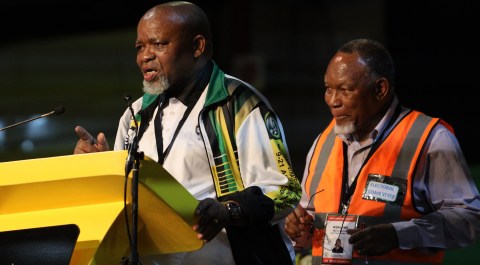 Gwede Mantashe with Former President Kgalema Motlanthe at the ANC’s 55th General Conference held at Nasrec Expo.Photo:Felix Dlangamandla/Daily Maverick
