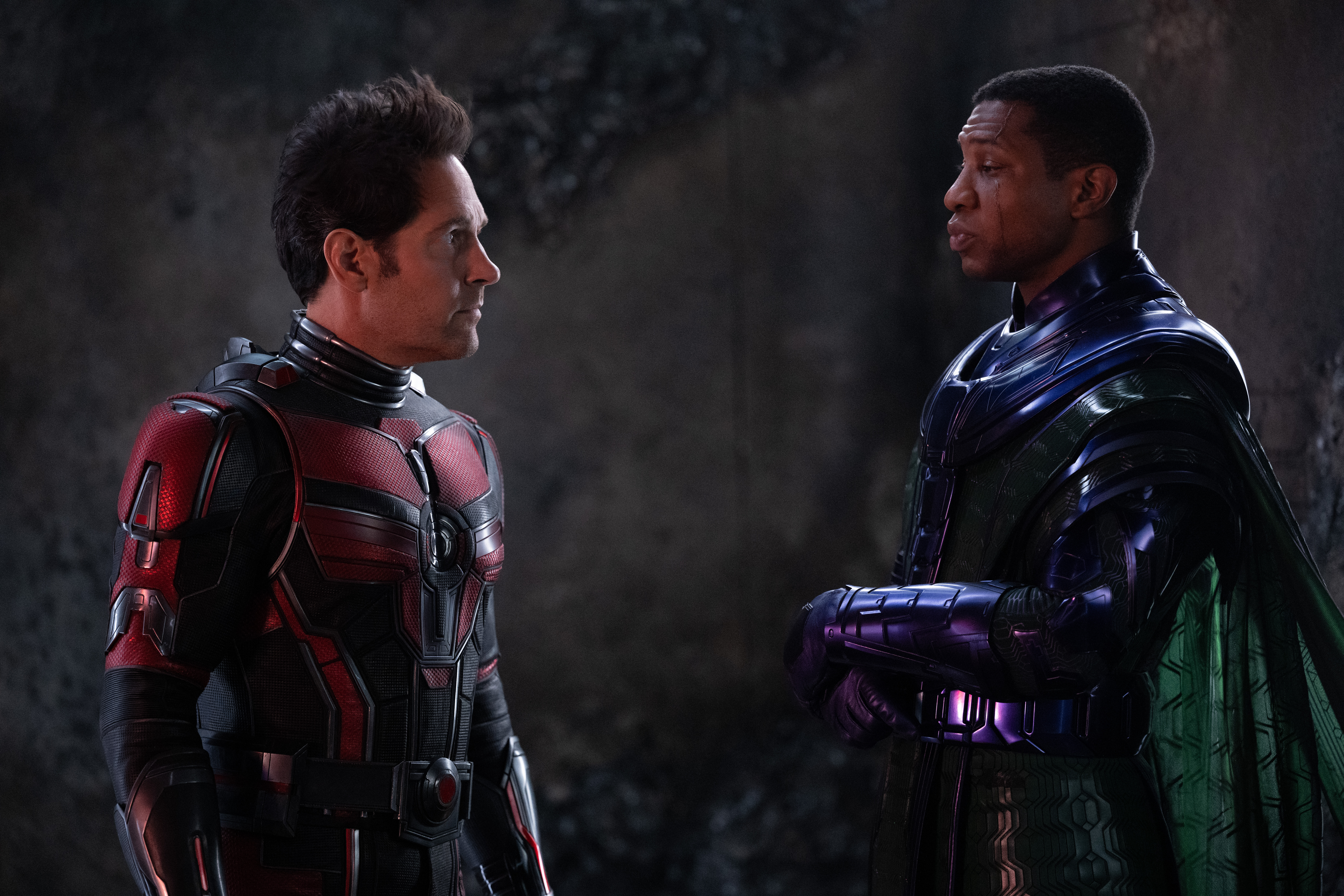 Paul Rudd as Scott Lang/Ant-Man and Jonathan Majors as Kang the Conqueror in Marvel Studios' ‘Ant-Man and The Wasp: Quantumania’. Photo by Jay Maidment. © 2022 MARVEL.