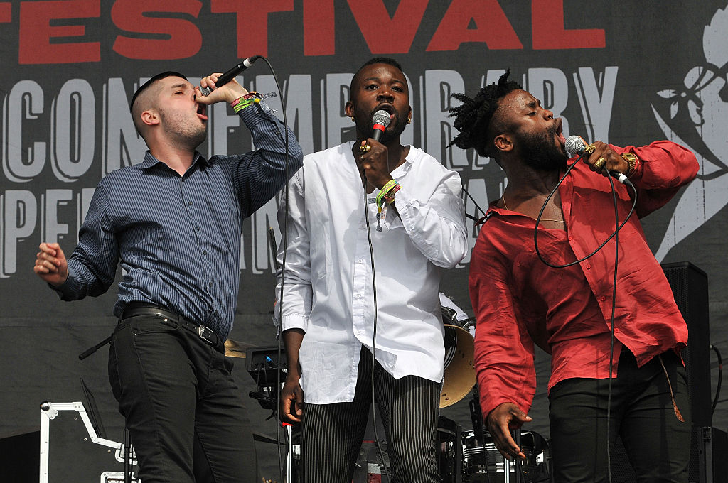 GLASTONBURY, ENGLAND - JUNE 27: (L-R) 'G' Hastings, Alloysious Massaquoi and Kayus Bankole of Young Fathers perform live on the Other stage during the second day of Glastonbury Festival at Worthy Farm, Pilton on June 27, 2015 in Glastonbury, England. (Photo by Jim Dyson/Getty Images)