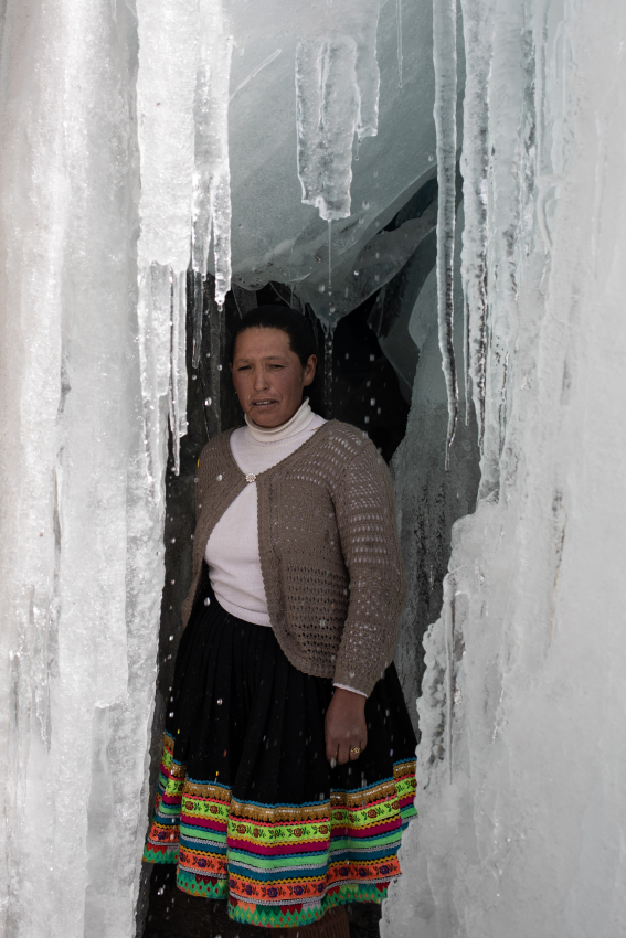 "Guardians of the Glaciers 5". Teresa observes the snowy ice cap, while remembering her father. ‘My dad always made offerings to the snowy mountain. He told me that it would be the end of the world when the snow melted’. For many local people the mountains are sacred and considered gods. Ice constitutes the second largest source of freshwater on the planet and 70 percent of the world’s tropical glaciers are found in Peru. Located in Cusco, the Quelccaya Ice Cap is the largest tropical glacier in the world, covering an area equivalent to more than 9,000 soccer fields. However, due to accelerated melting it is receding by 60 metres (195 feet) a year and some studies have determined that it will disappear in the next 30 years if global greenhouse gas emissions are not reduced. The inhabitants of the Quechua community, who live on the slopes and close to the glacier, are being affected directly by the retreating ice and dedicate their lives to making the population aware of the problem of melting ice as an effect of climate change. They seek to protect their snow-capped mountains through ancestral knowledge and rituals of the Andean worldview, which over time are also disappearing. The thaw not only threatens the continuity of life in Andean communities, but also puts certain species at risk of extinction, as these areas are inhabited by a range of aquatic and terrestrial species. © Angela Ponce, Peru, Shortlist, Professional competition, Environment, Sony World Photography Awards 2023