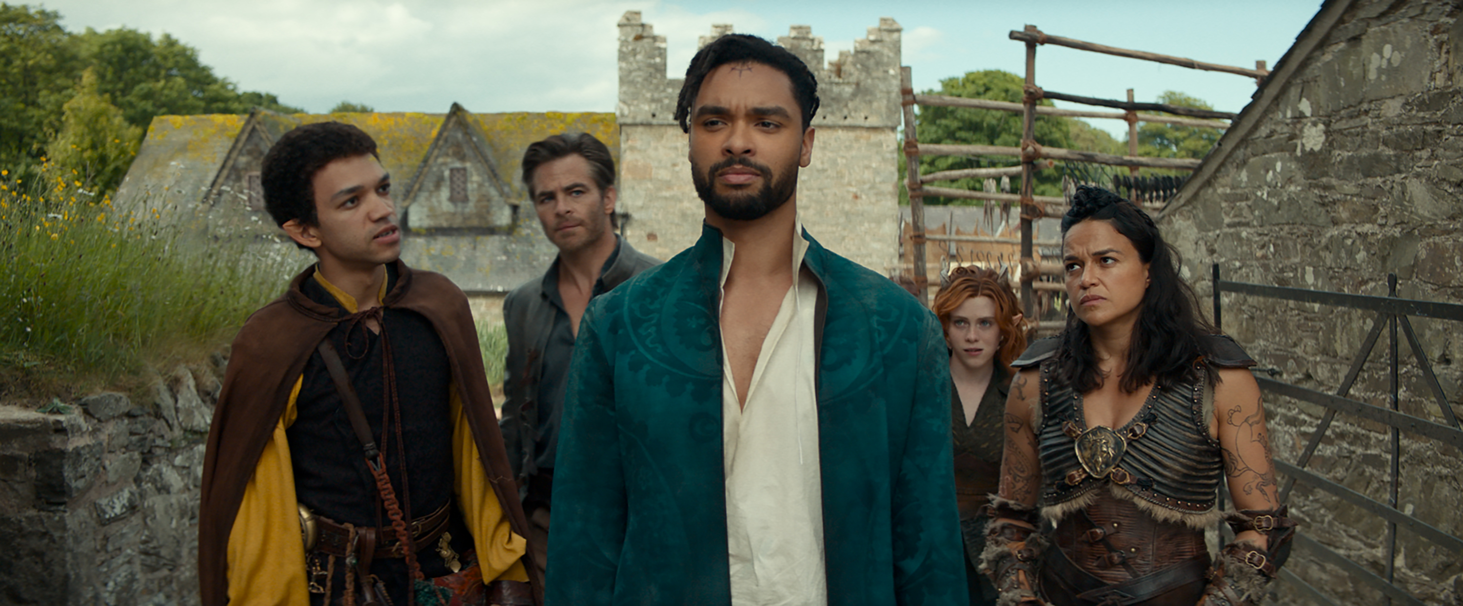 Justice Smith plays Simon, Chris Pine plays Edgin, Rege-Jean Page plays Xenk, Sophia Lillis plays Doric and Michelle Rodriguez plays Holga in 'Dungeons & Dragons: Honor Among Thieves'. Image: Paramount Pictures / eOne / Supplied