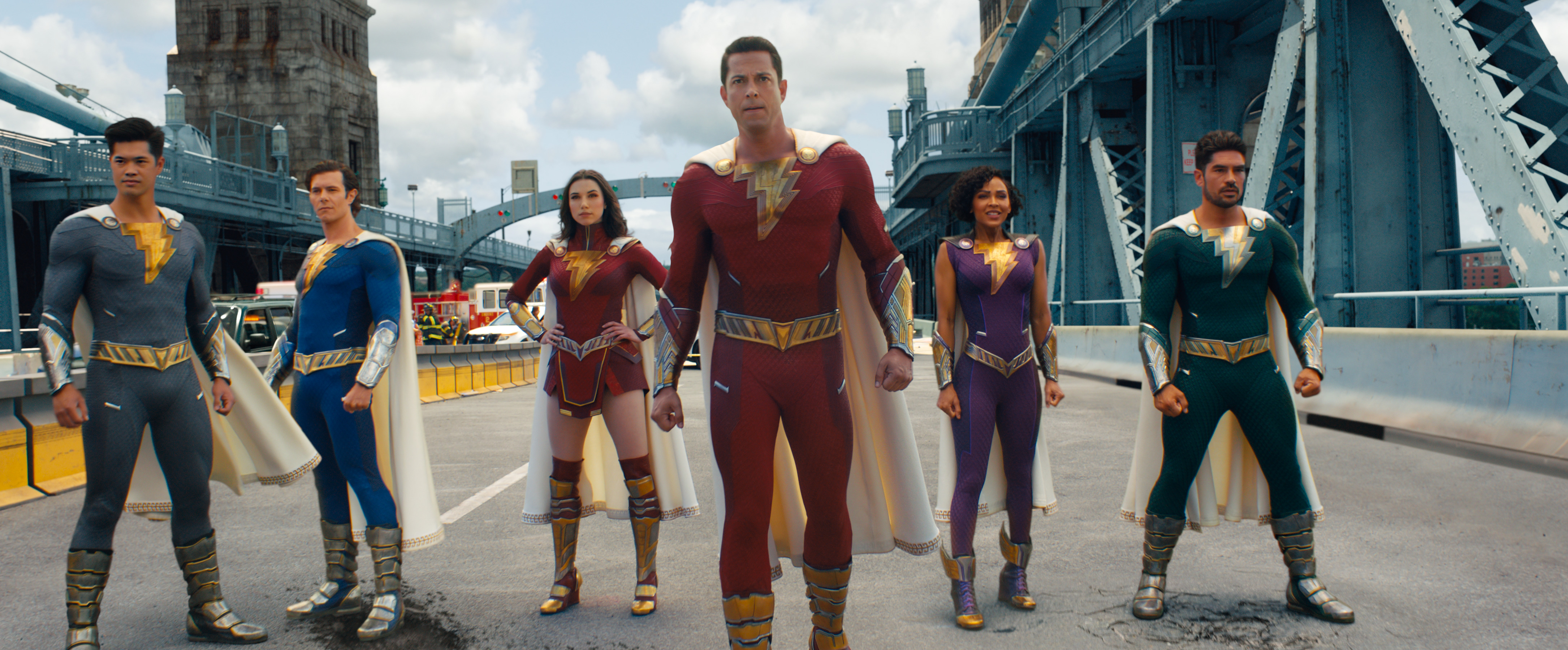 Adam Brody, Meagan Good, Zachary Levi, D.J. Cotrona, Grace Caroline Currey, and Ross Butler in 'Shazam! Fury of the Gods'. Image: Warner Bros. Pictures
