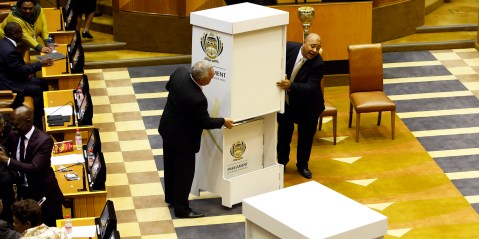 Voting booths are brought into the South African parliament prior to a motion of no confidence vote against South African President Jacob Zuma in a sitting of parliament in Cape Town, South Africa 08 August 2017. (Photo: EPA / Mark Wessels)