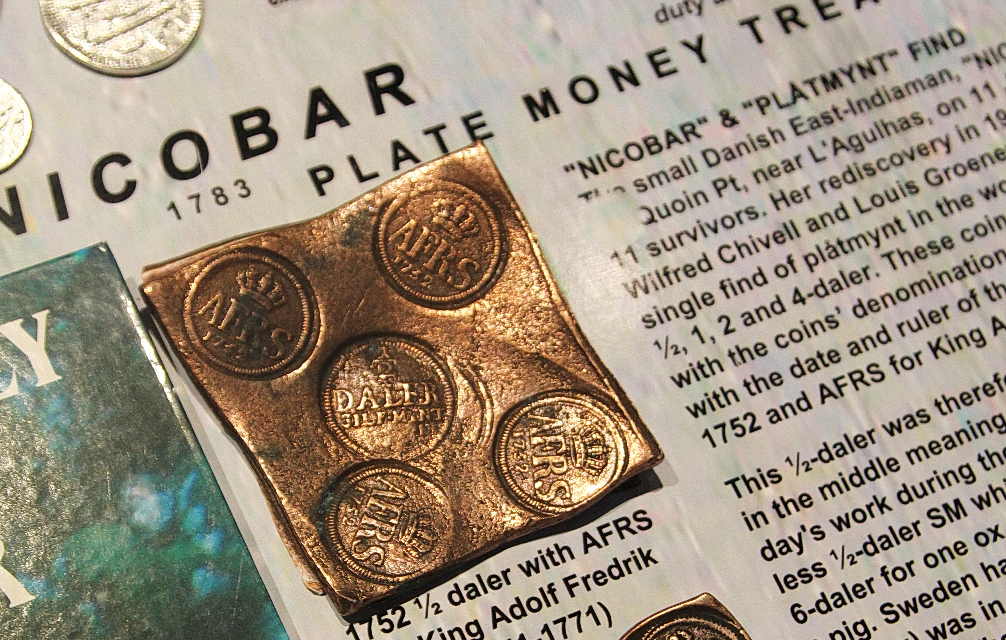 Plate money from the Nicobar, retrieved by Gansbaai conservationist Wilfred Chivell and a diving friend, Louis Groenewald. Photographer: Chris Marais