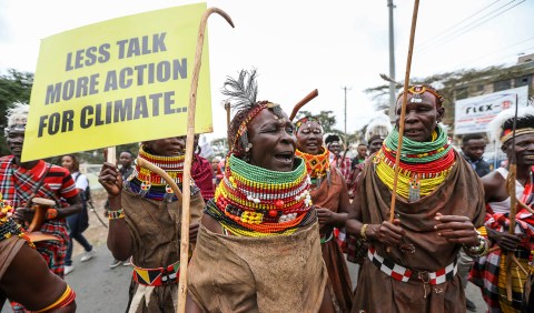 Pastoralists from the Turkana community, who are affected by drought, at a march in Nairobi during the opening ceremony  on 4 September 2023 of the inaugural Africa Climate Summit at the Kenyatta International Convention Centre in Nairobi. (Photo: EPA-EFE / Daniel Irungu)