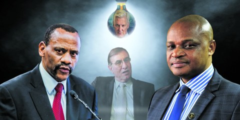 Clockwise from left: Lieutenant General Godfrey Lebeya, head of the Hawks. (Photo: Gallo Images / OJ Koloti) | Former Eskom CEO André De Ruyter. (Photo: Gallo Images / Rapport / Deon Raath) | Advocate Andy Mothibi, head of the SIU. (Photo: Gallo Images / City Press / Tebogo Letsie) | George Fivaz, the founder and executive director of George Fivaz Forensic & Risk. (Photo: Supplied) | Graphic: Bogosi Motau