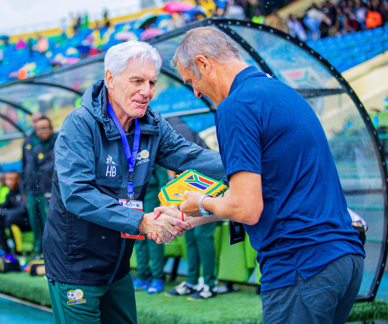 Hugo Broos, coach of Bafana Bafana and Torsten Spittler, coach of Rwanda
